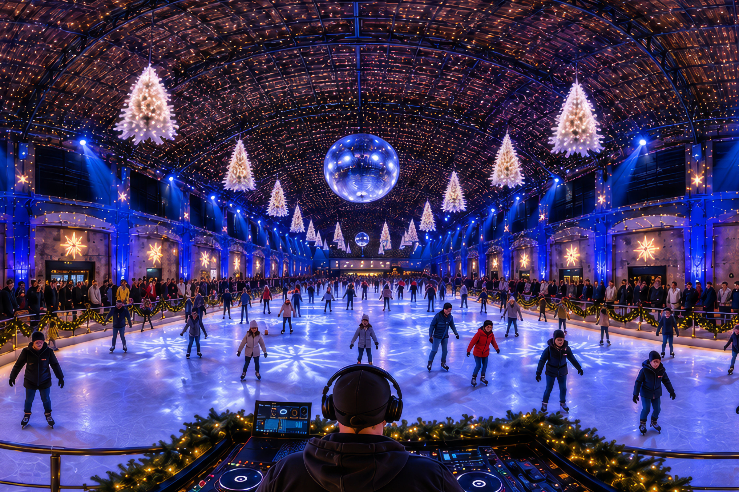 Schaatsers in de winterse Turbinehal van IJSTIJD Haarlem