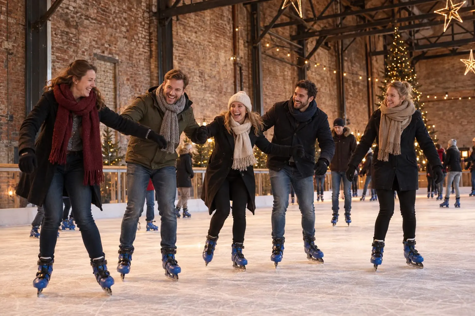 Gegenereerde sfeerimpressie: Collega’s schaatsen samen in een winterse industriële hal