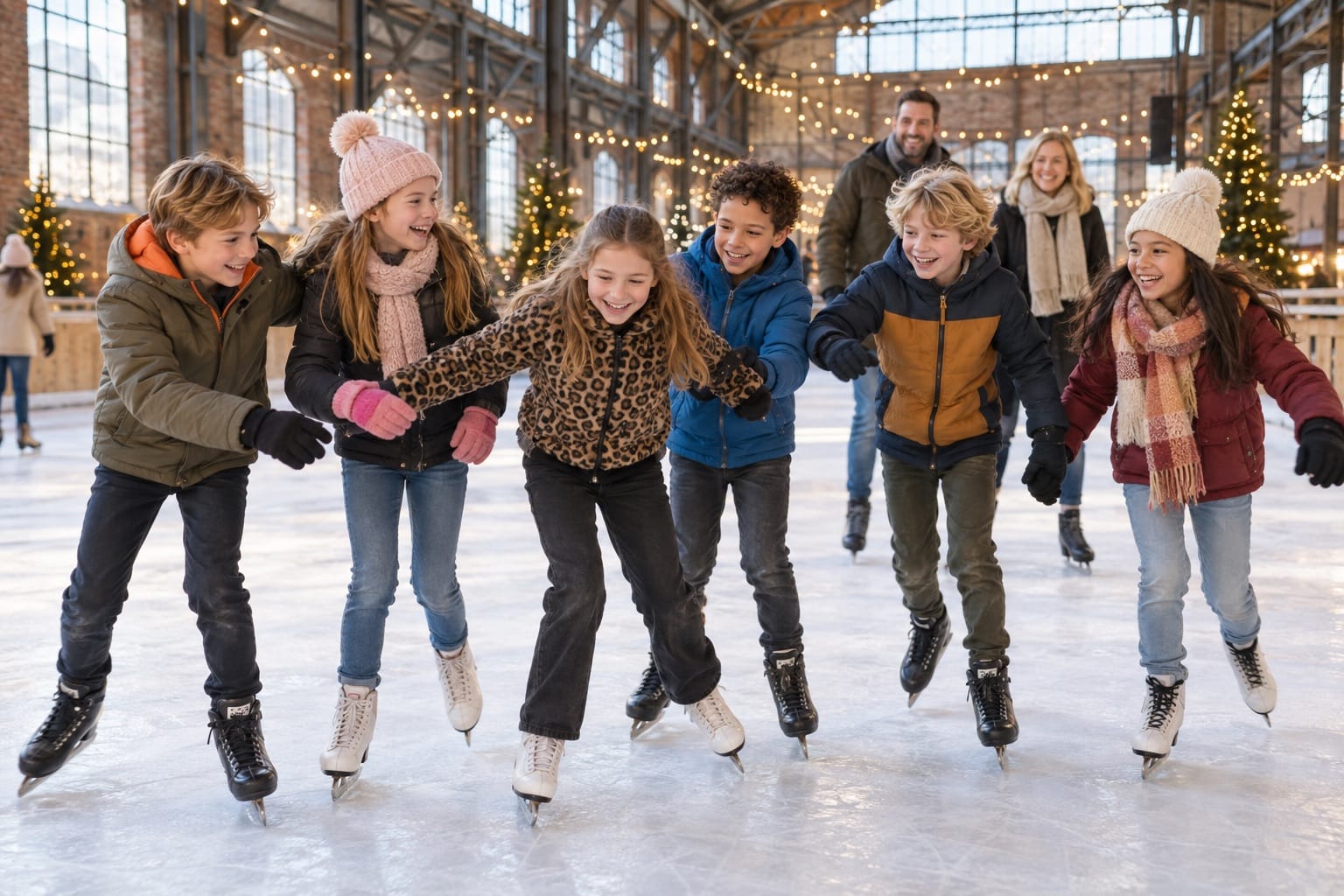 Gegenereerde sfeerimpressie: kinderen vieren een verjaardag met samen schaatsen