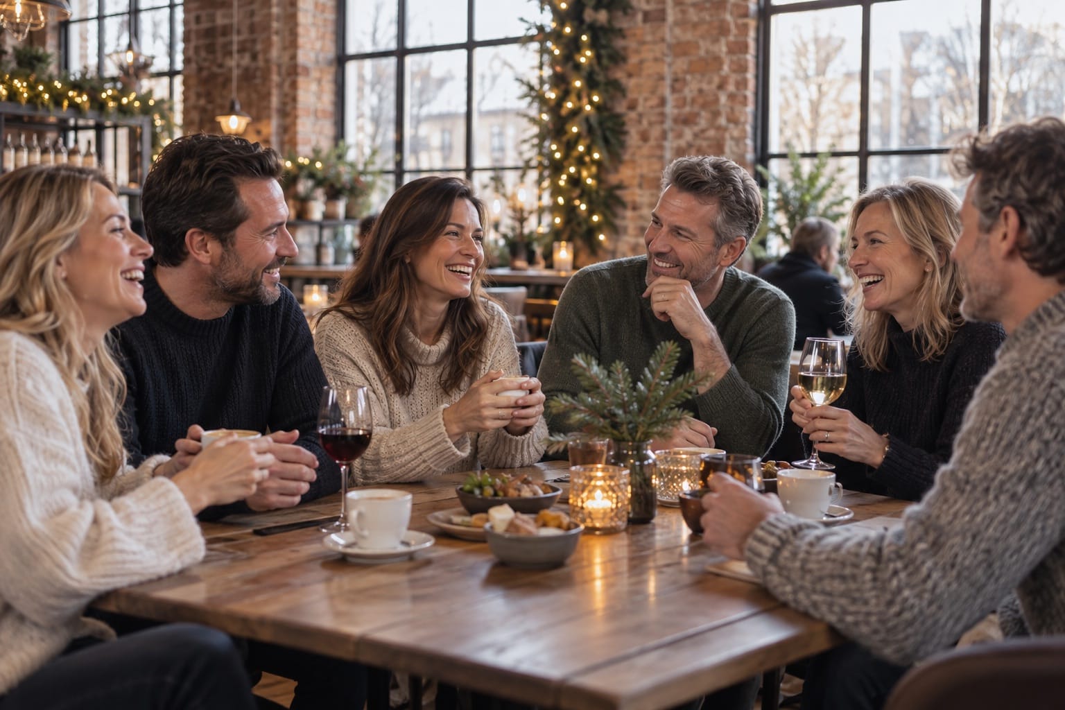 Gegenereerde sfeerimpressie: vrienden praten bij aan tafel in een lichte winterse omgeving