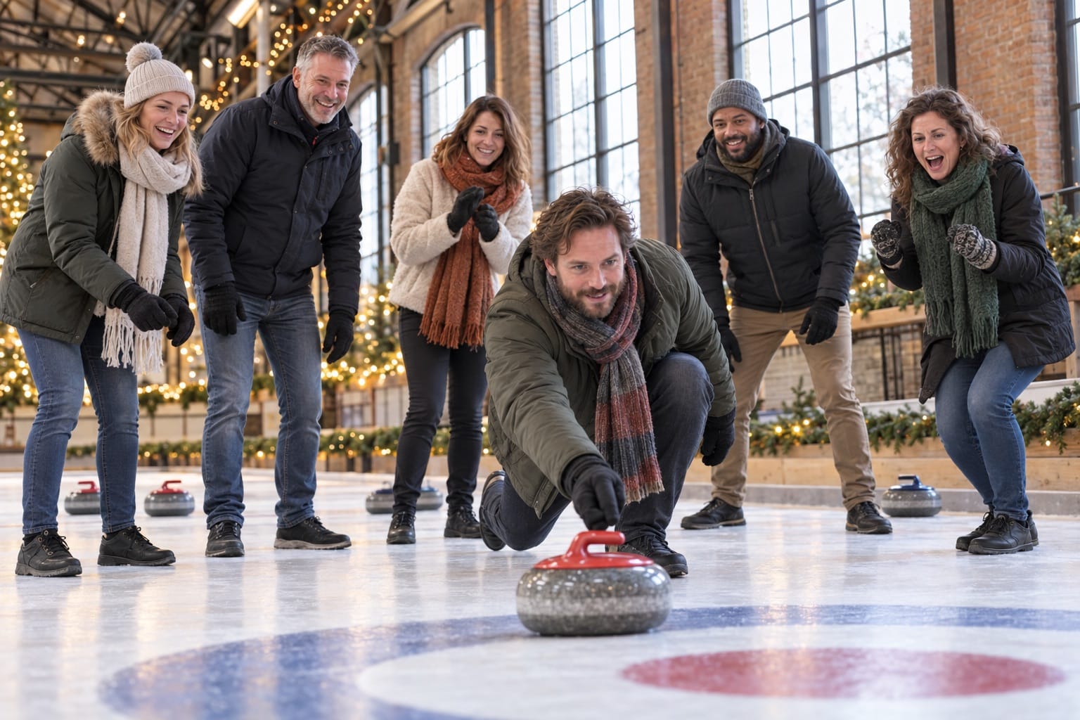 Gegenereerde sfeerimpressie: een kleine groep collega’s probeert samen curling