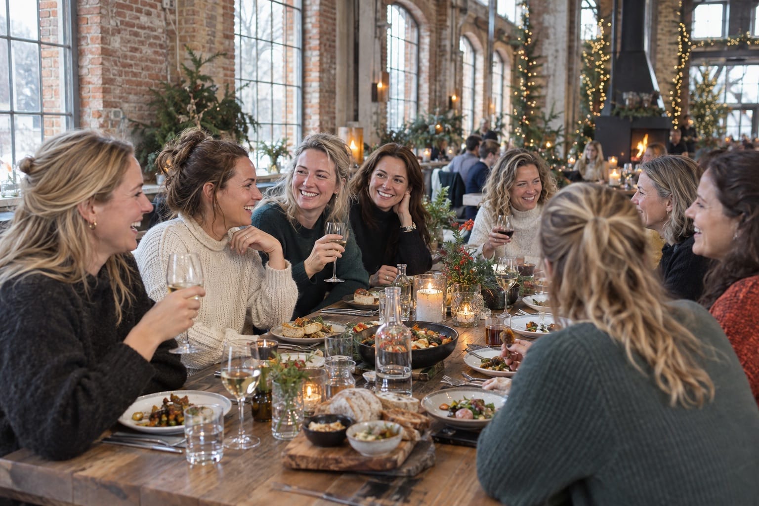 Gegenereerde sfeerimpressie: een damesteam geniet samen van een diner in een lichte winterse setting