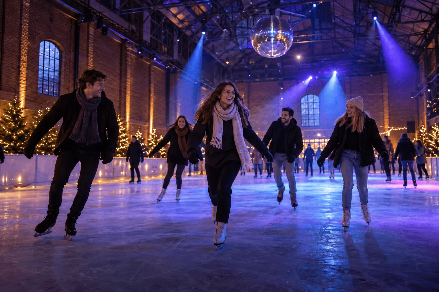 Gegenereerde sfeerimpressie: discoschaatsen in een winterse industriële hal met bakstenen muren en enkele ramen