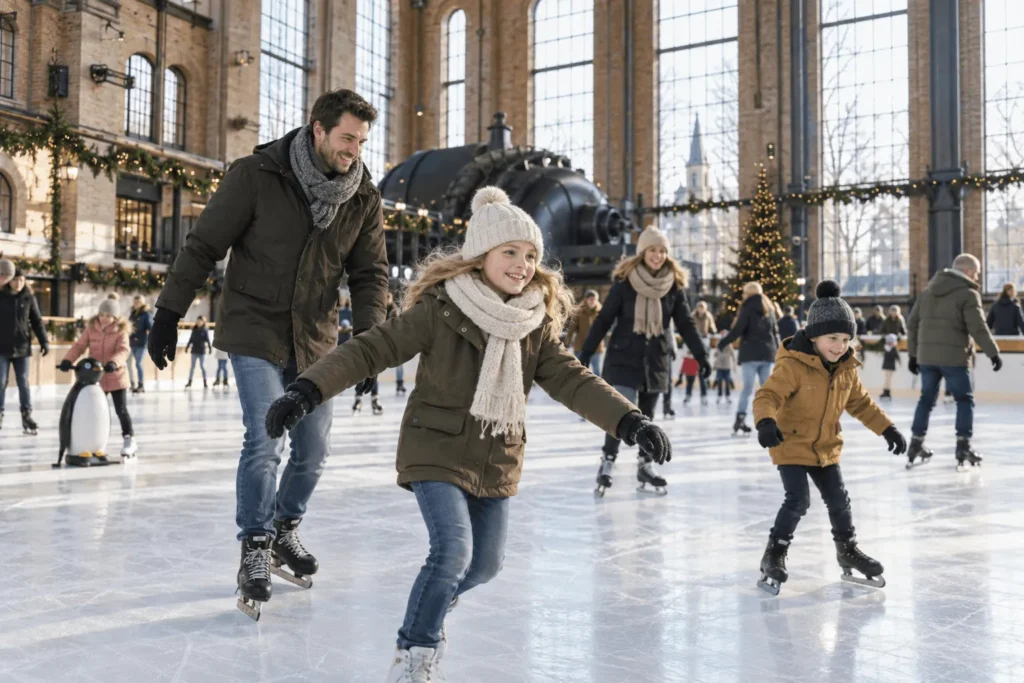 Gegenereerd sfeerbeeld van families die bij daglicht schaatsen in een industriële hal