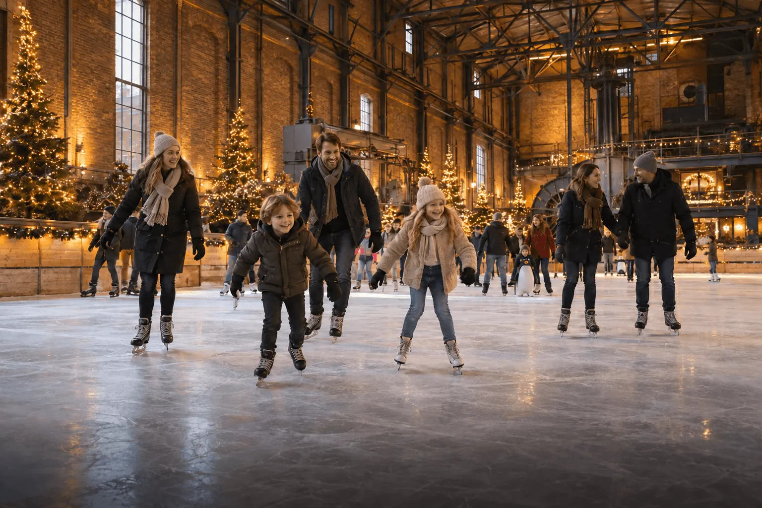 Gegenereerde sfeerimpressie: vrij schaatsen in een winterse industriële hal met bakstenen muren en enkele ramen