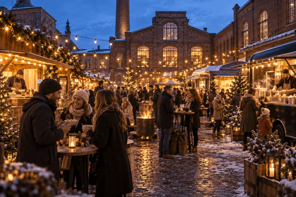 Gegenereerd sfeerbeeld: Winterse foodstalletjes op een feestelijk verlicht plein