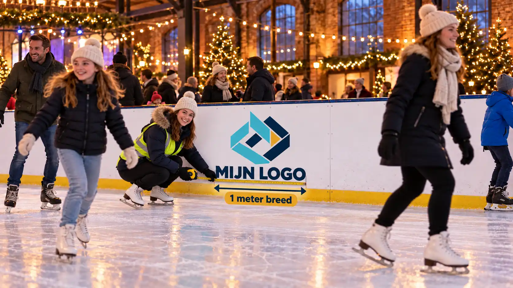 De breedte van 1 meter wordt langs het sponsorlogo gemeten.
