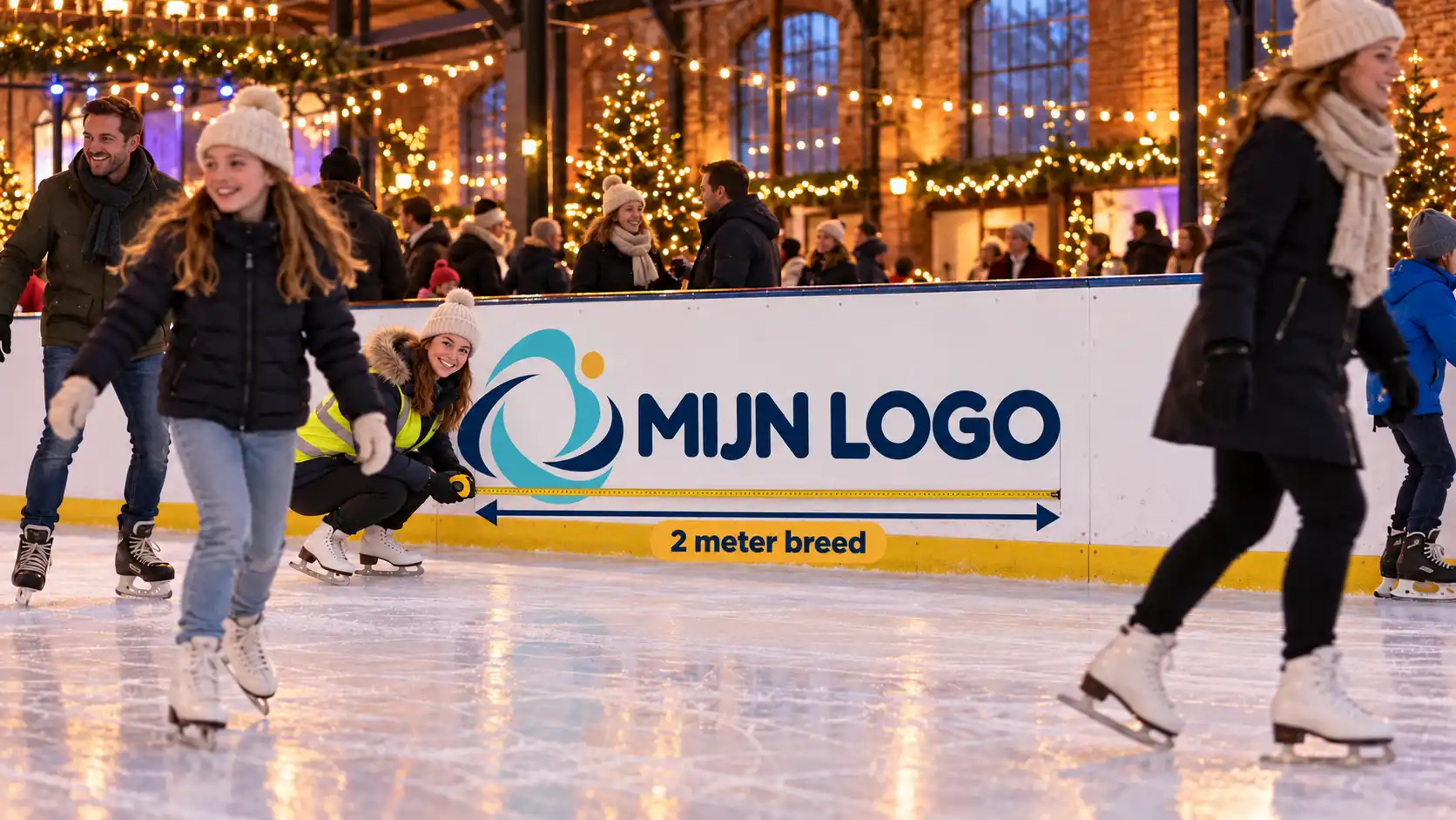 De breedte van 2 meter wordt langs het sponsorlogo gemeten.