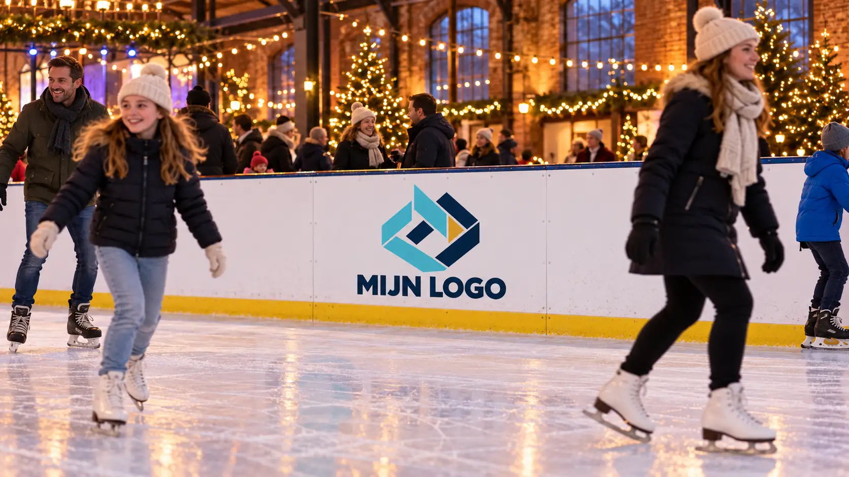 Sfeerimpressie van een sponsorlogo van 1 meter breed op de boarding van de ijsbaan.