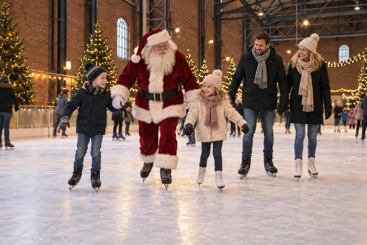 De kerstman schaatst met kinderen tijdens IJSTIJD Haarlem